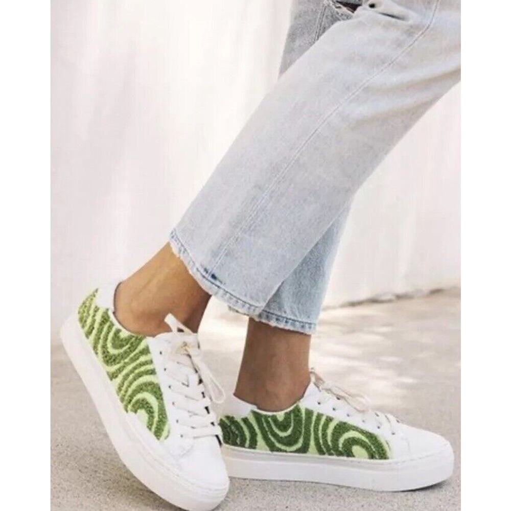 New Ibiza Platform Psychedelic Spiral White Leather And Forest Green 6.5 Boho